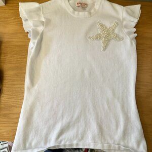 Brooks Brothers Cream Flutter Slv Top with Pearl Starfish 100% Cotton Size Small